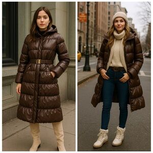 H&M Long Line Chocolate Brown Belted Puffer Coat Size 10 | Quilted Winter Jacket